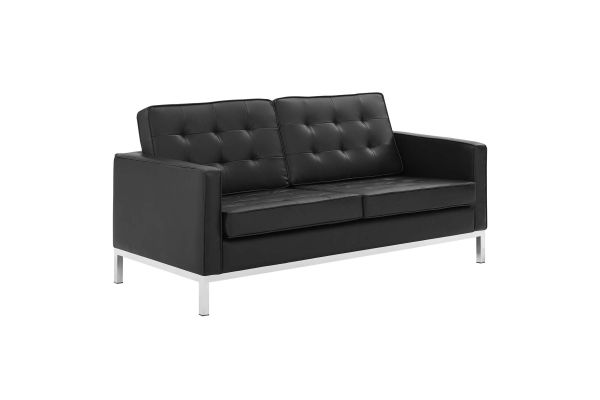 Loft Tufted Upholstered Faux Leather Loveseat in Silver Black