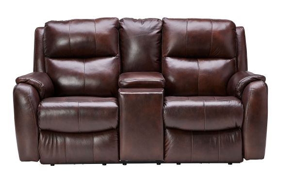 Zeus Chocolate Dual Power Leather Reclining Console Loveseat by Southern Motion