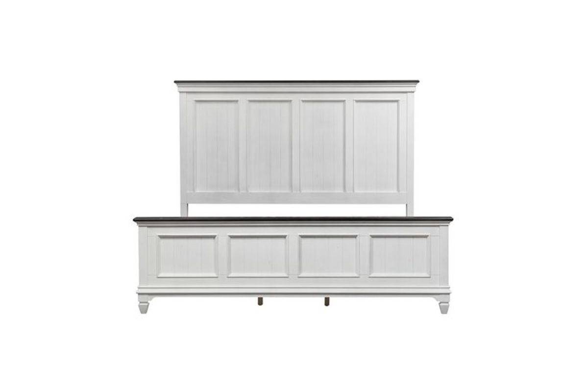 Front view of a queen size white bed without a mattress on it