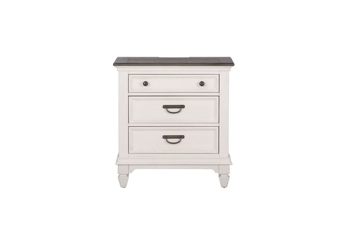 Front view of a white nightstand with three drawers