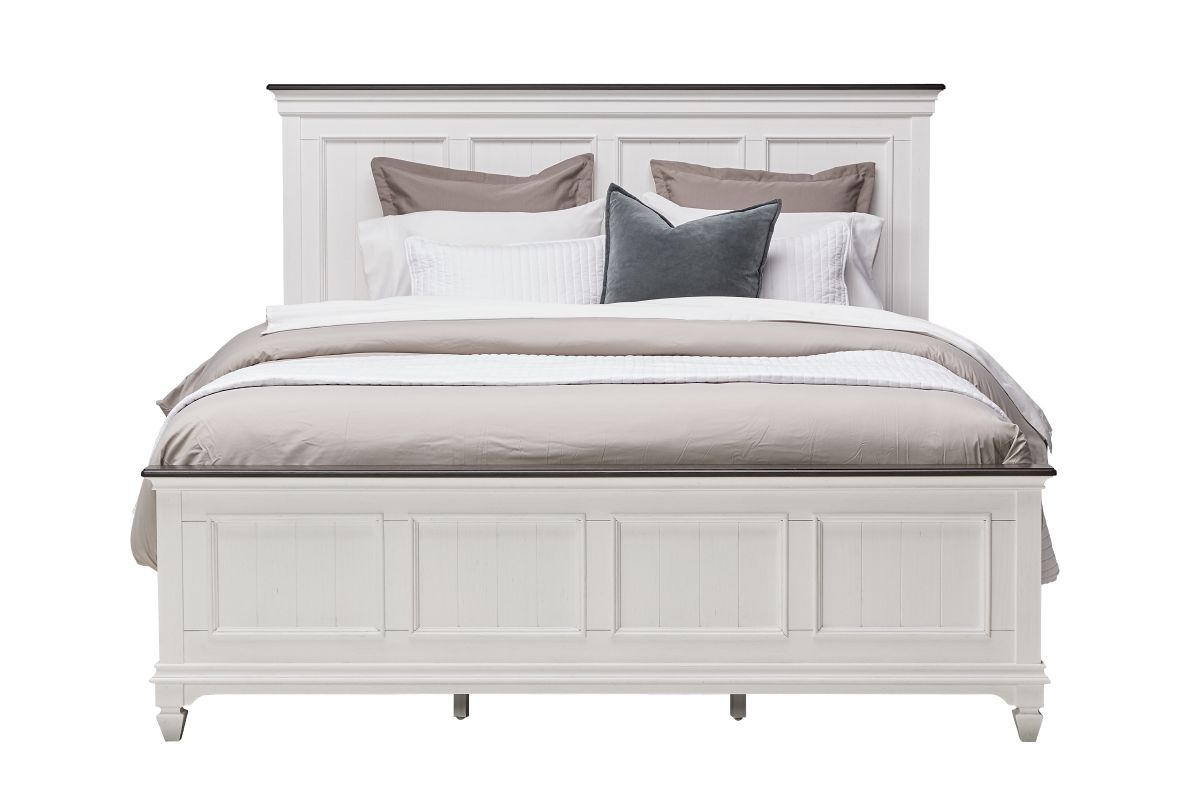 Front view of a queen size Higgins Bed with gray comforter and pillows