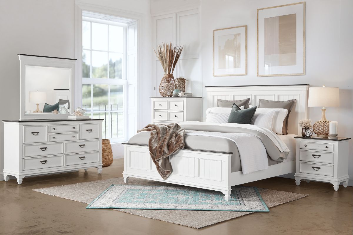A bedroom furniture set, queen size, featuring a bed, dresser, mirror, nightstand, and chest.