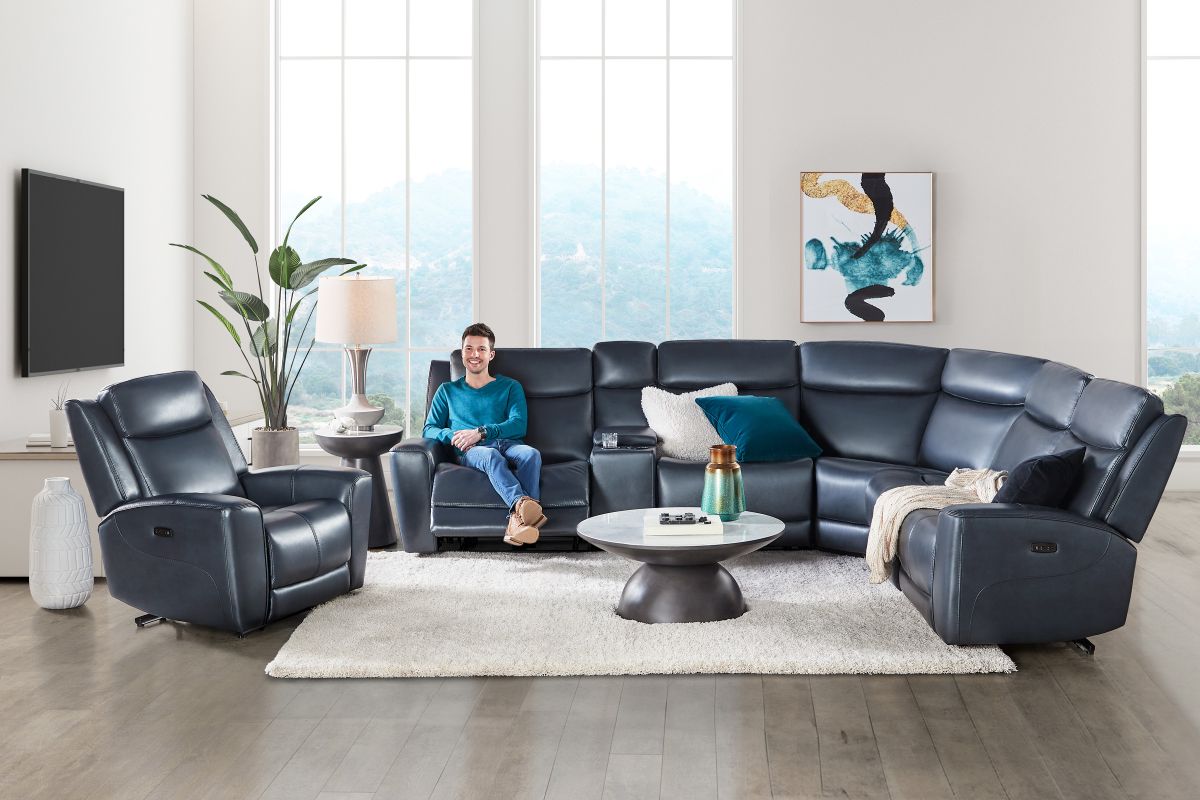Scorpio Blue 7-Piece Leather Dual Power Reclining Sectional 2