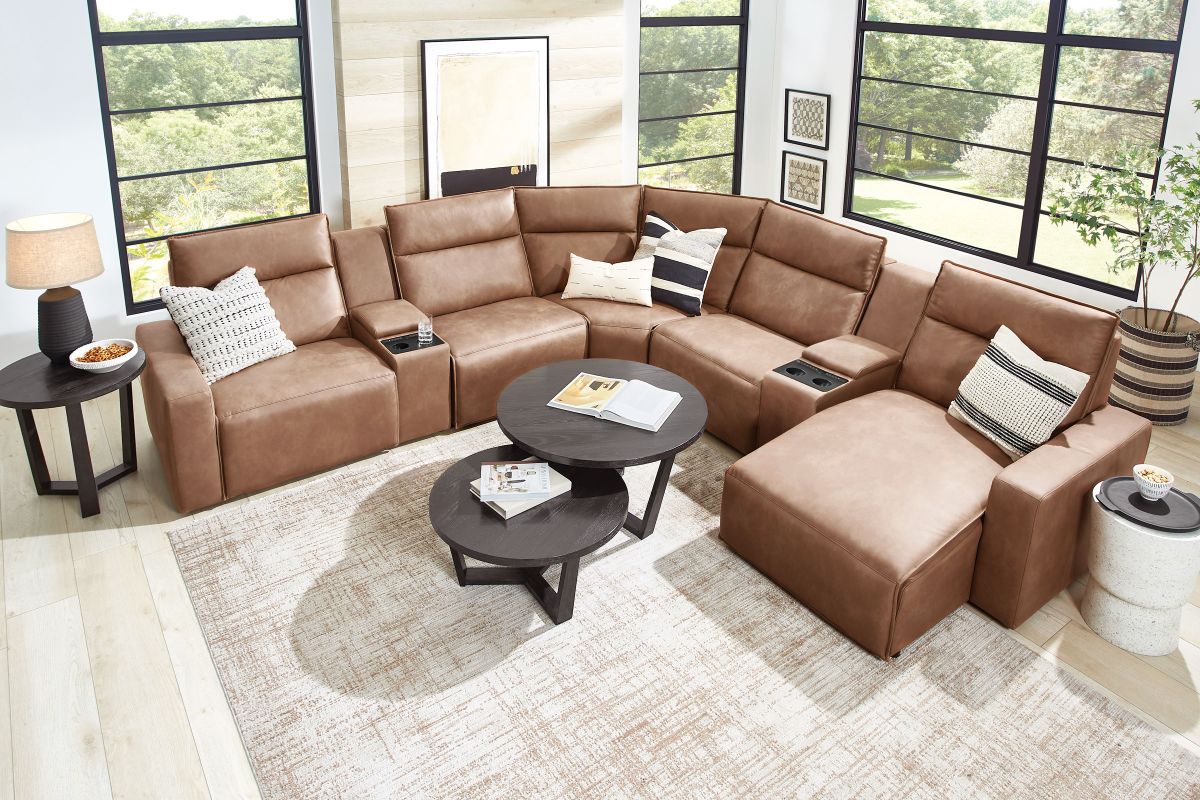 ModularTwo Brown 7-Piece Dual Power Reclining Sectional with Right Arm Facing Chaise + 2 E-Consoles 12