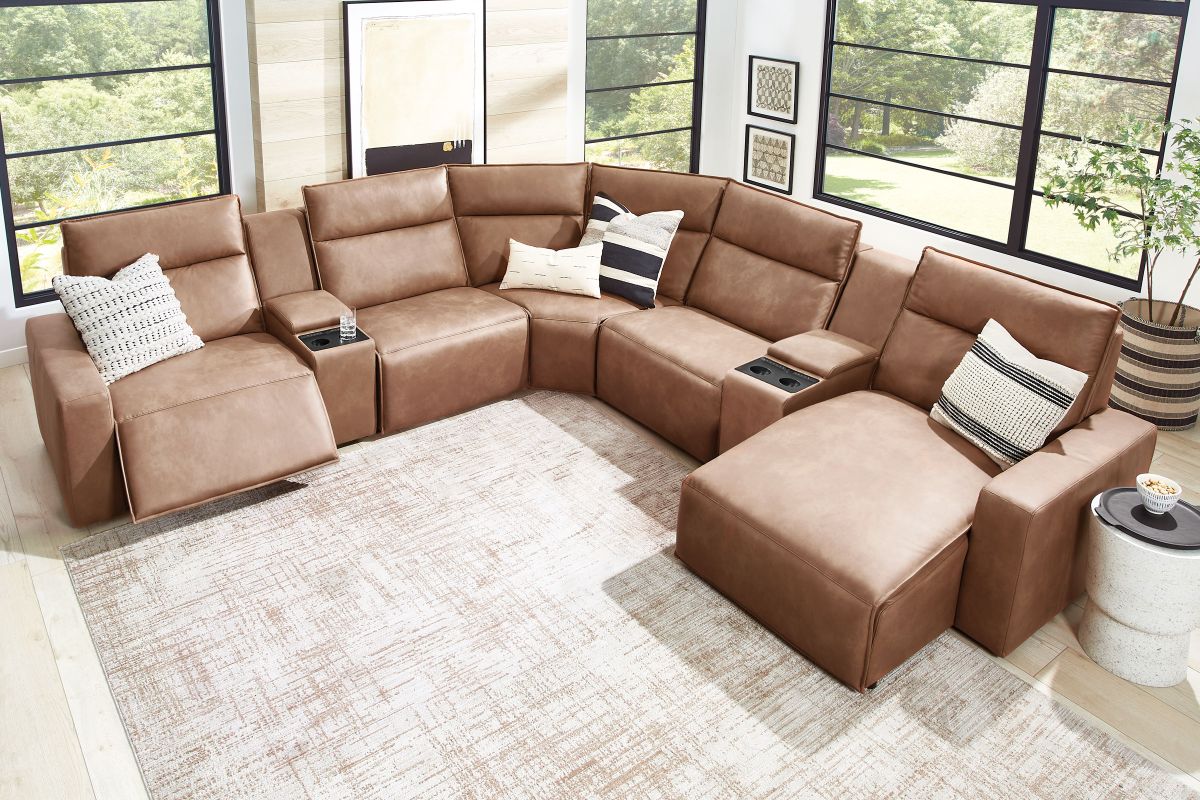 ModularTwo Brown 7-Piece Dual Power Reclining Sectional with Right Arm Facing Chaise + 2 E-Consoles 14