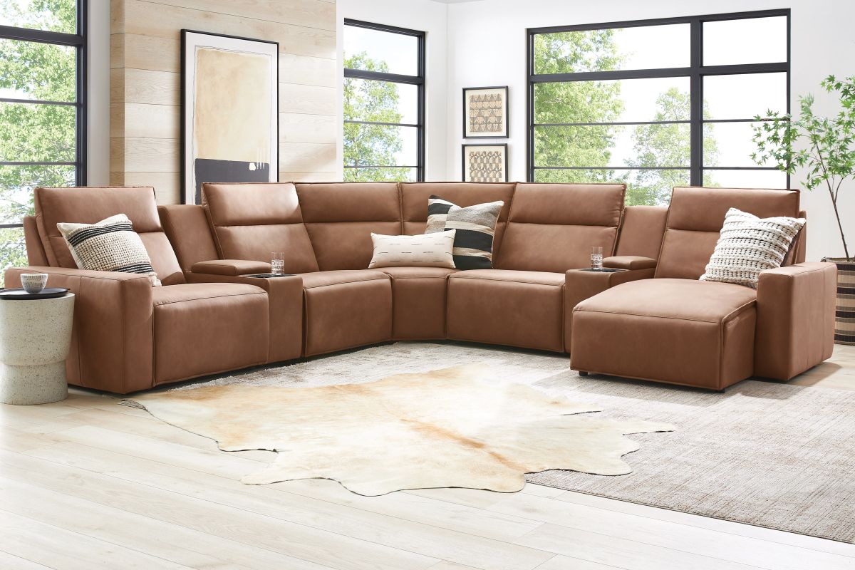 ModularTwo Brown 7-Piece Dual Power Reclining Sectional with Right Arm Facing Chaise + 2 E-Consoles 5