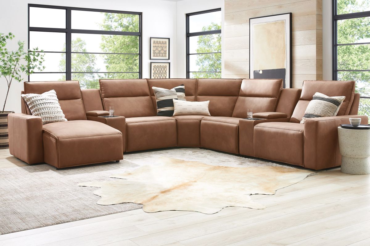 ModularTwo Brown 7-Piece Dual Power Reclining Sectional with Left Arm Facing Chaise + 2 E-Consoles 5