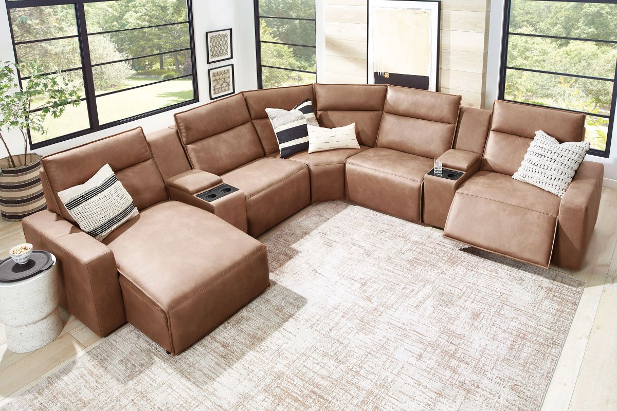 ModularTwo Brown 7-Piece Dual Power Reclining Sectional with Left Arm Facing Chaise + 2 E-Consoles 14
