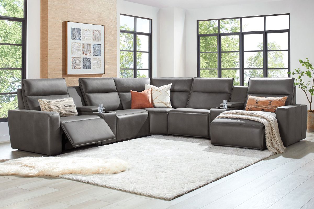 ModularTwo Grey 7-Piece Dual Power Reclining Sectional with Left Arm Facing Chaise + 2 E-Consoles 5