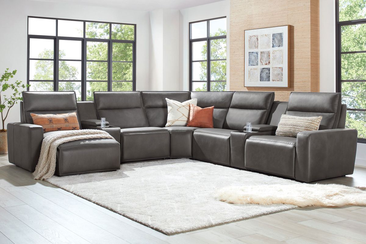 ModularTwo Grey 7-Piece Dual Power Reclining Sectional with Left Arm Facing Chaise + 2 E-Consoles 4