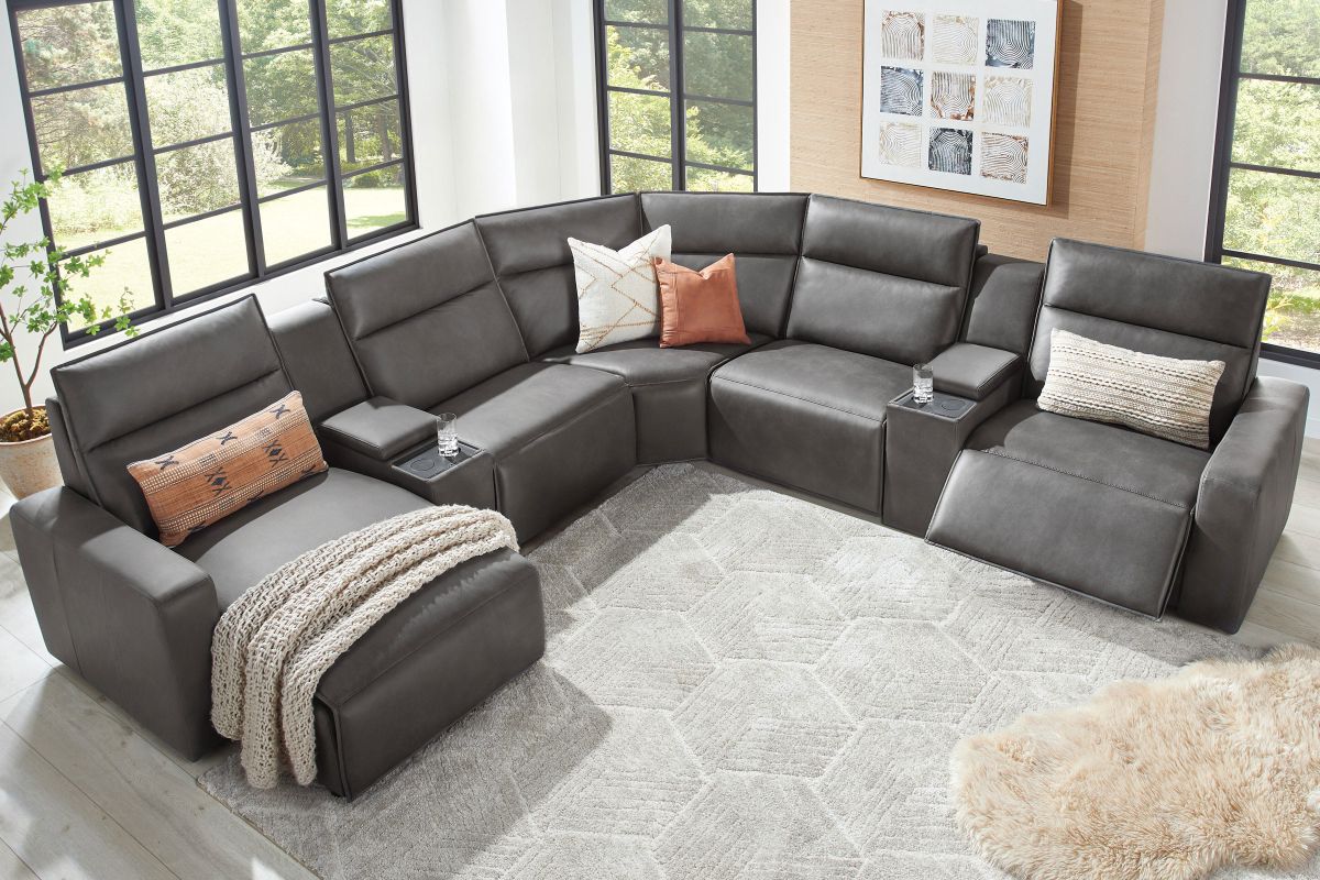 ModularTwo Grey 7-Piece Dual Power Reclining Sectional with Left Arm Facing Chaise + 2 E-Consoles 14