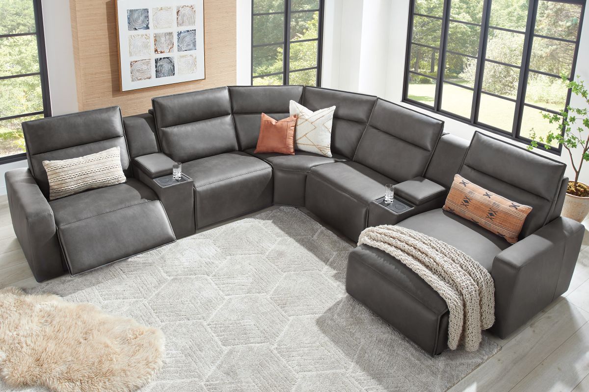 ModularTwo Grey 7-Piece Dual Power Reclining Sectional with Right Arm Facing Chaise + 2 E-Consoles 14