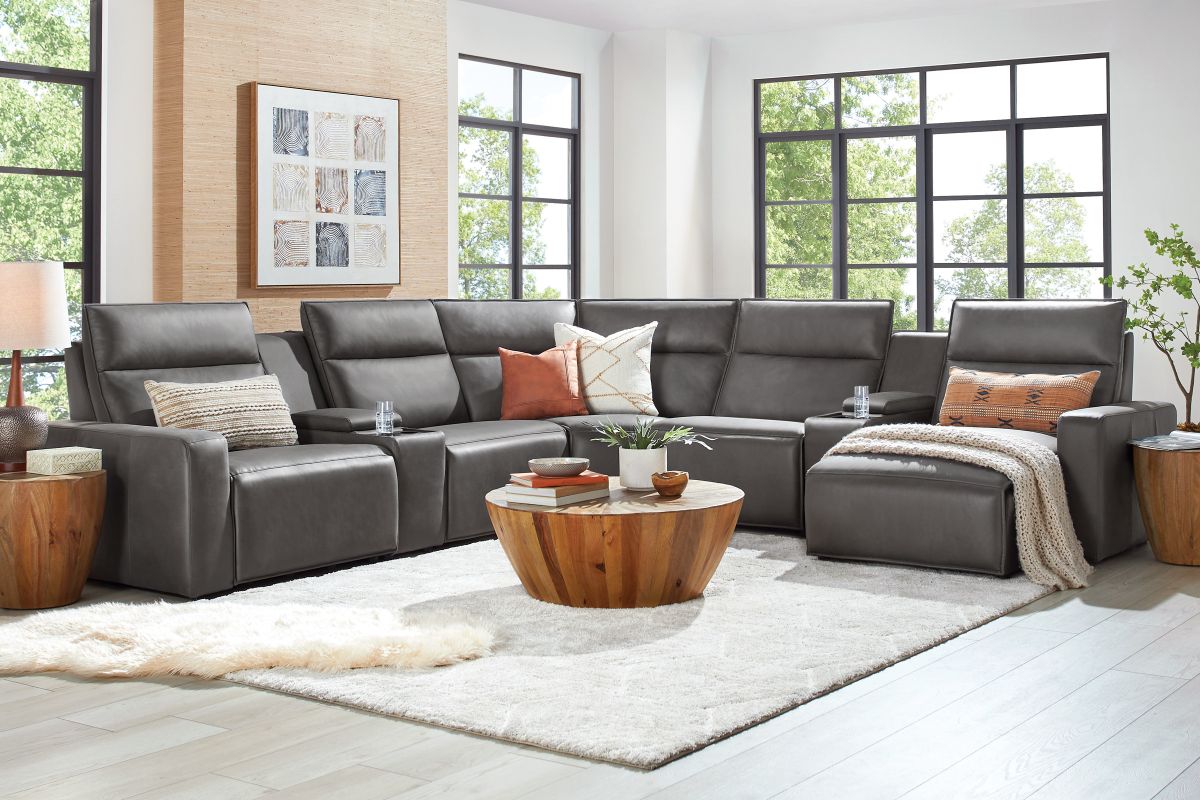 ModularTwo Grey 7-Piece Dual Power Reclining Sectional with Right Arm Facing Chaise + 2 E-Consoles 3