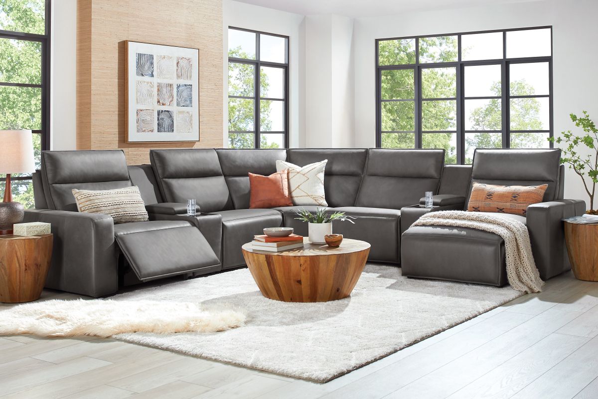 ModularTwo Grey 7-Piece Dual Power Reclining Sectional with Right Arm Facing Chaise + 2 E-Consoles 2