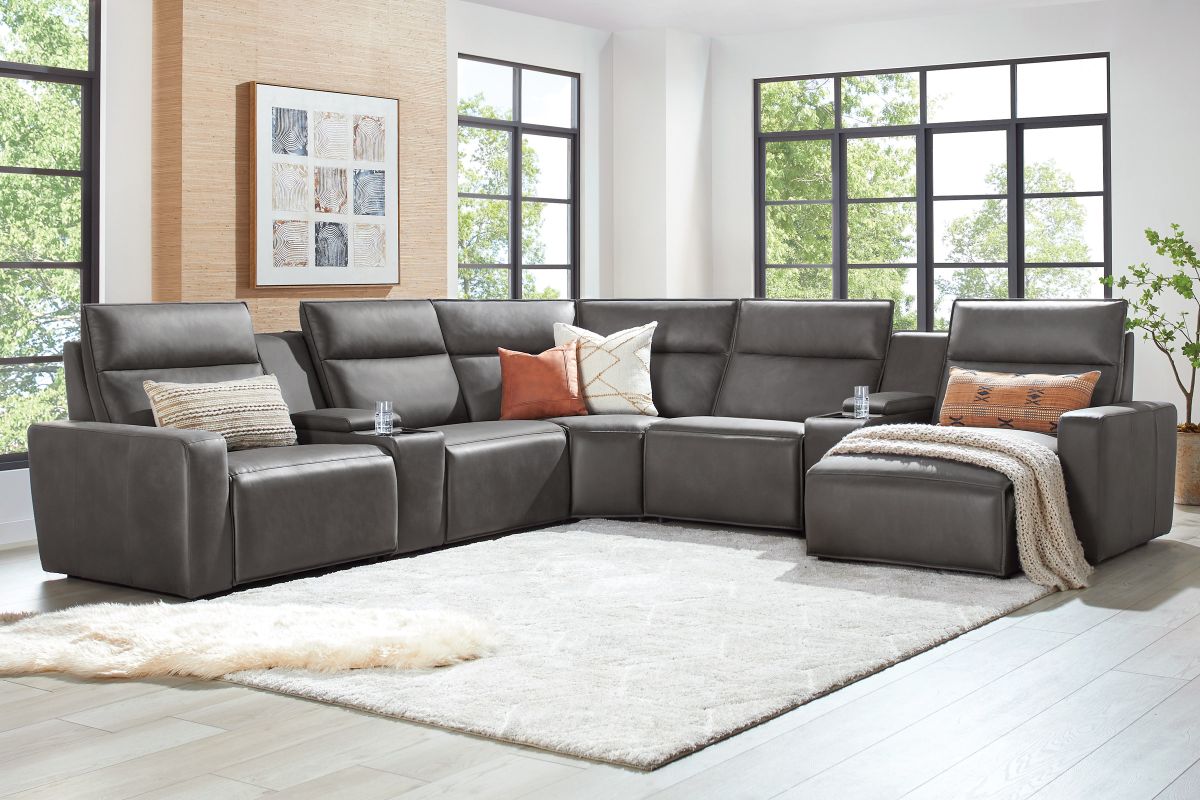 ModularTwo Grey 7-Piece Dual Power Reclining Sectional with Right Arm Facing Chaise + 2 E-Consoles 4
