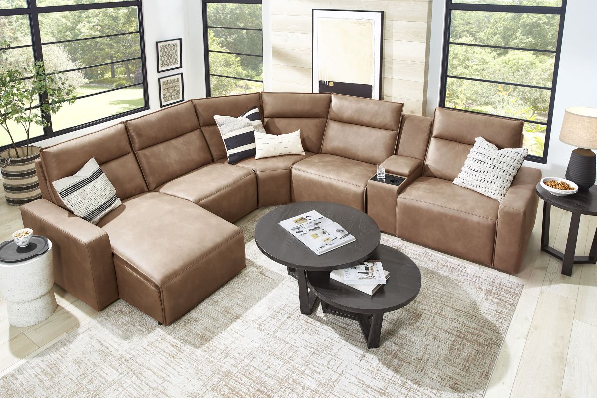 ModularTwo Brown 6-Piece Dual Power Reclining Sectional with Left Arm Facing Chaise + 1 E-Console 2