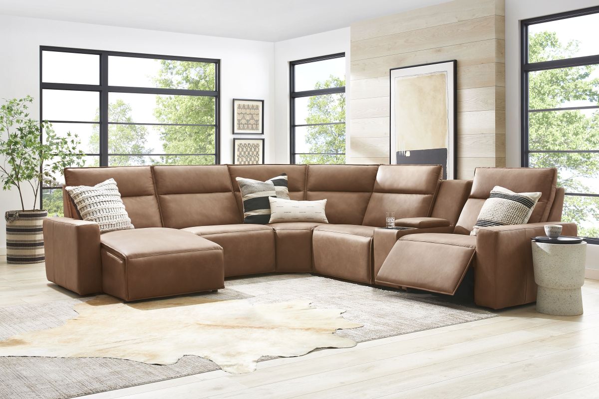 ModularTwo Brown 6-Piece Dual Power Reclining Sectional with Left Arm Facing Chaise + 1 E-Console 15