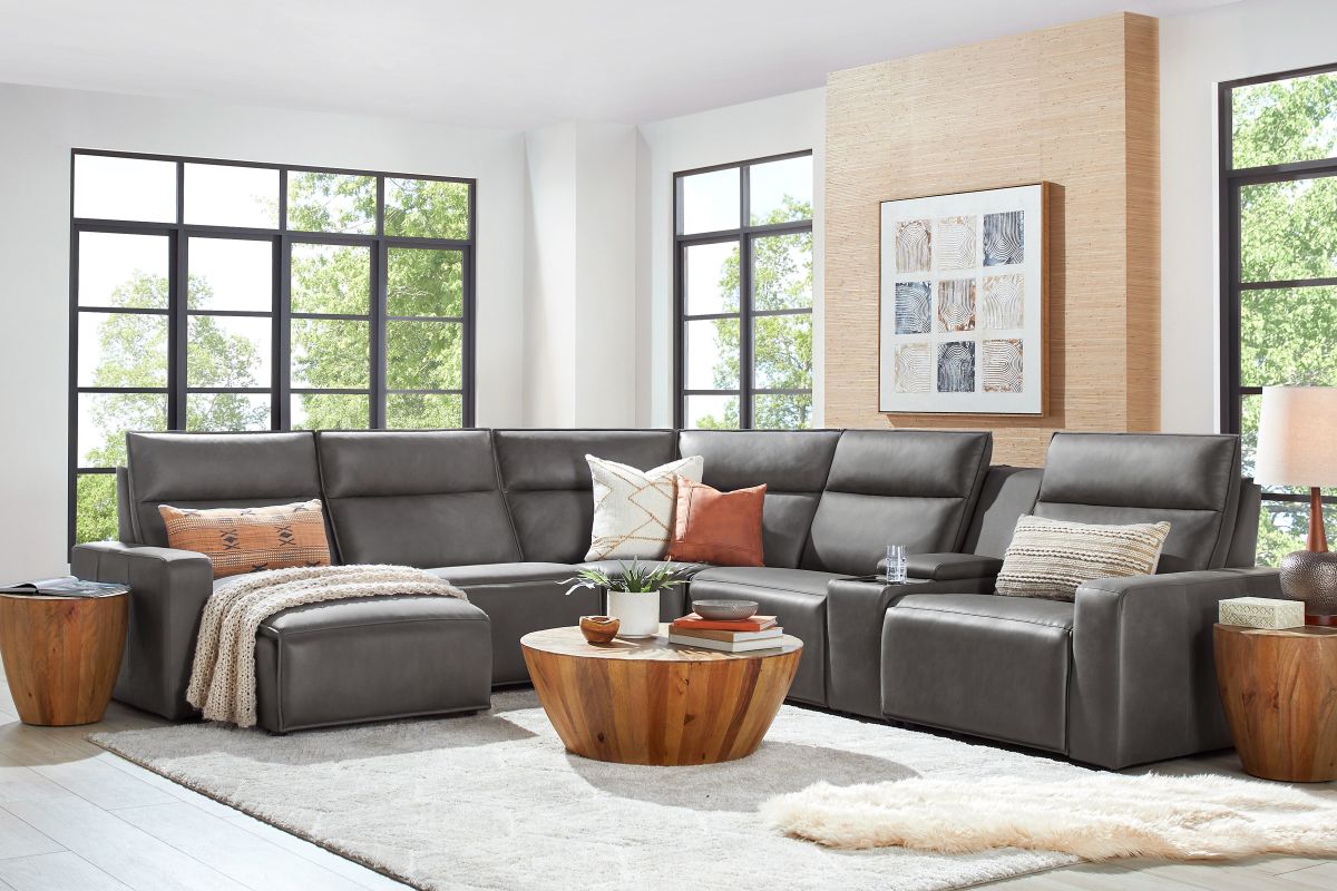 ModularTwo Grey 6-Piece Dual Power Reclining Sectional with Left Arm Facing Chaise + 1 E-Console 2