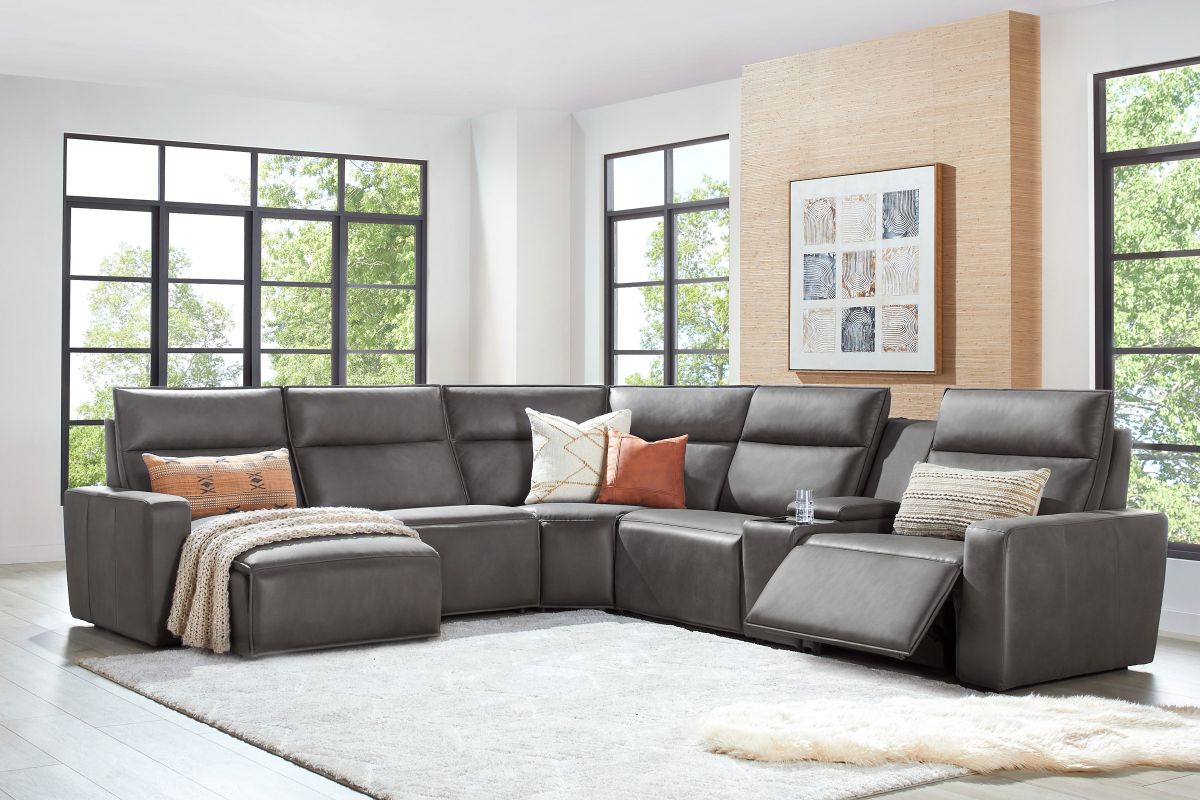 ModularTwo Grey 6-Piece Dual Power Reclining Sectional with Left Arm Facing Chaise + 1 E-Console 12