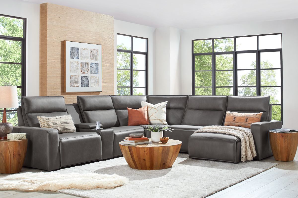 ModularTwo Grey 6-Piece Dual Power Reclining Sectional with Right Arm Facing Chaise + 1 E-Console 2