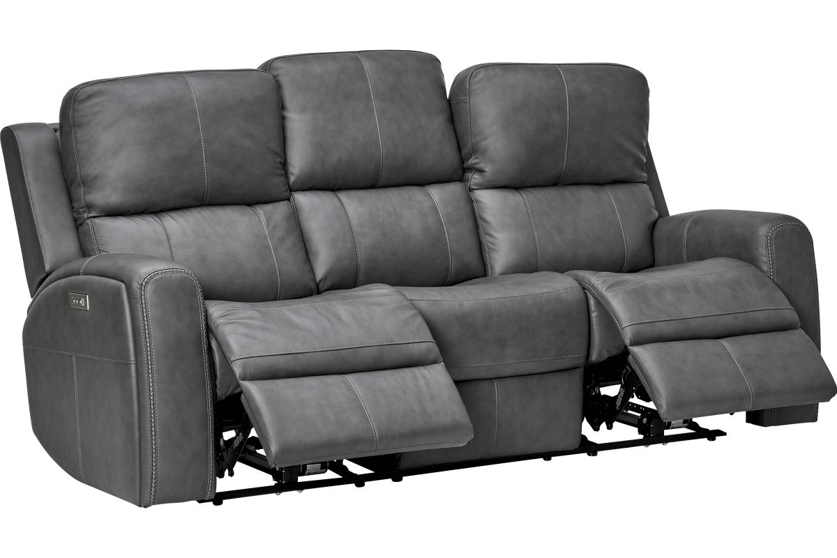 Linton Grey Leather Triple Power Reclining Sofa 5