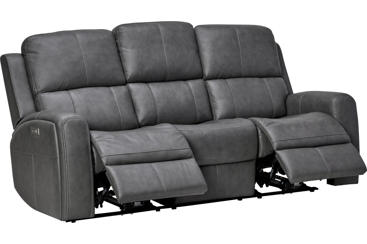 Linton Grey Leather Triple Power Reclining Sofa 4