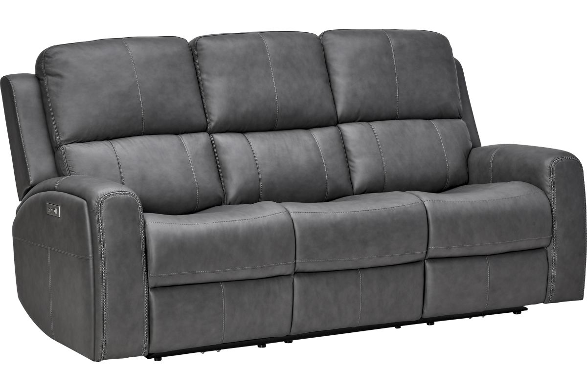 Linton Grey Leather Triple Power Reclining Sofa 3