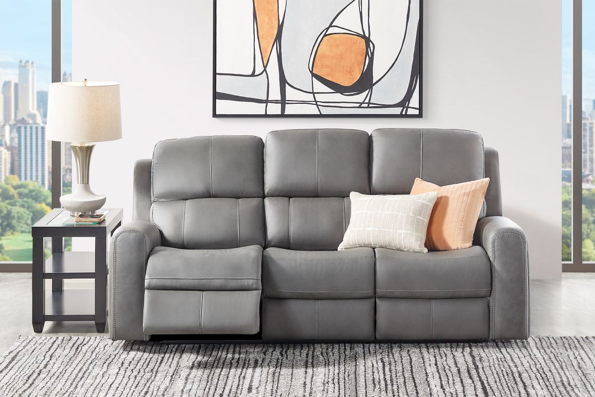 Linton Grey Leather Triple Power Reclining Sofa 8