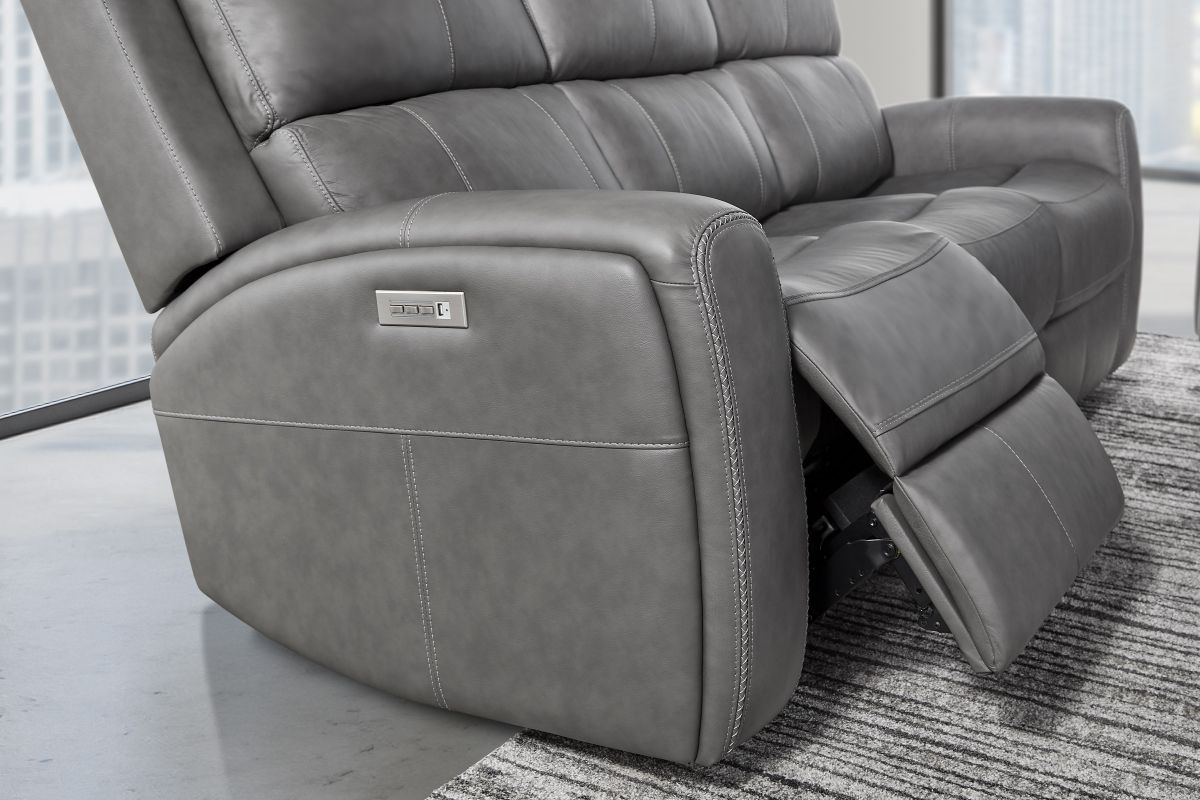 Linton Grey Leather Triple Power Reclining Sofa 10