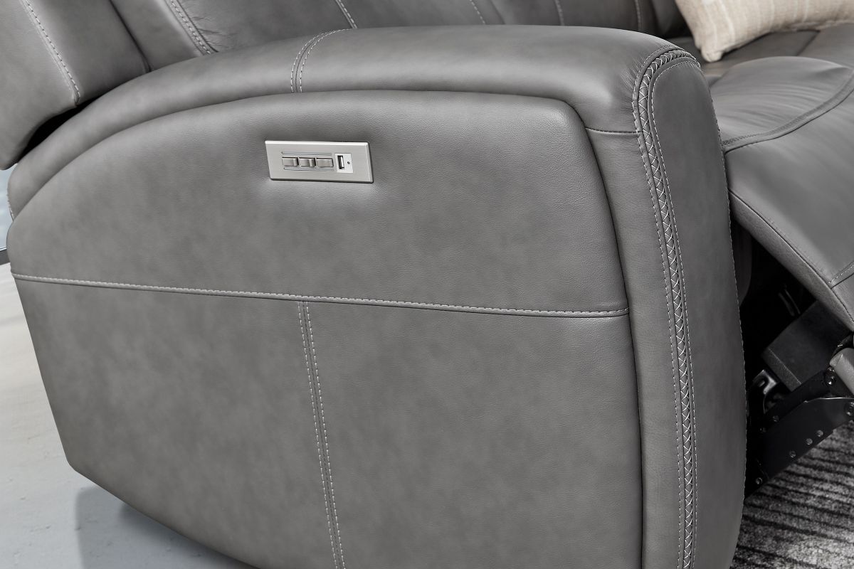 Linton Grey Leather Triple Power Reclining Sofa 12