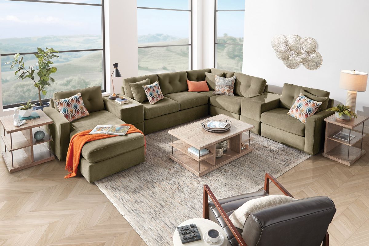 ModularOne Sectional Moss 7-Piece Sectional with Sleeper + E-Console + Left Arm Facing Chaise 2