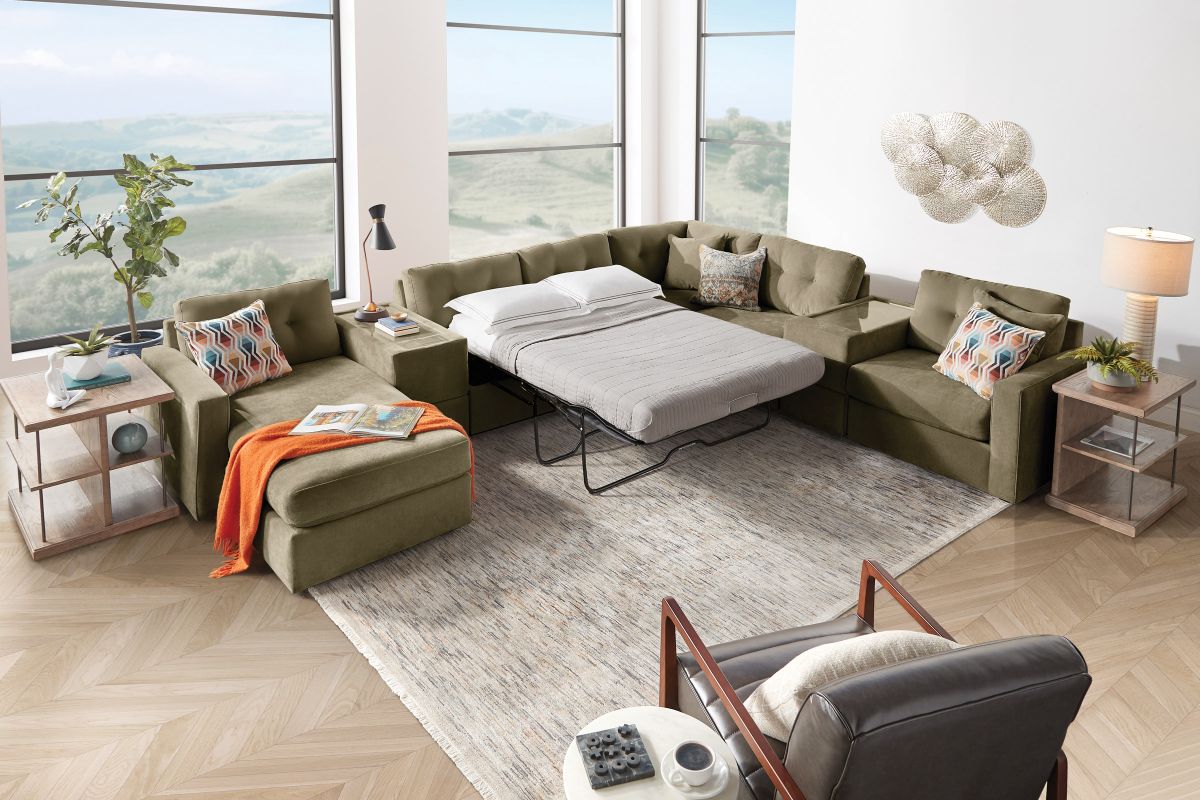 ModularOne Sectional Moss 7-Piece Sectional with Sleeper + E-Console + Left Arm Facing Chaise 6