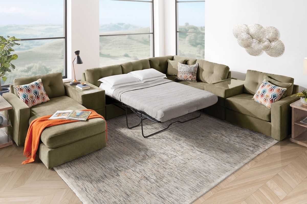 ModularOne Sectional Moss 7-Piece Sectional with Sleeper + E-Console + Left Arm Facing Chaise 8