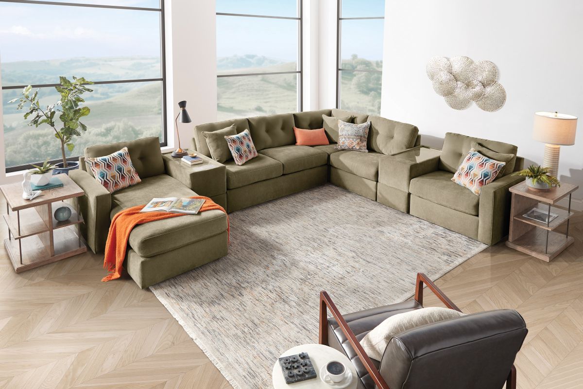 ModularOne Sectional Moss 7-Piece Sectional with Sleeper + E-Console + Left Arm Facing Chaise 7