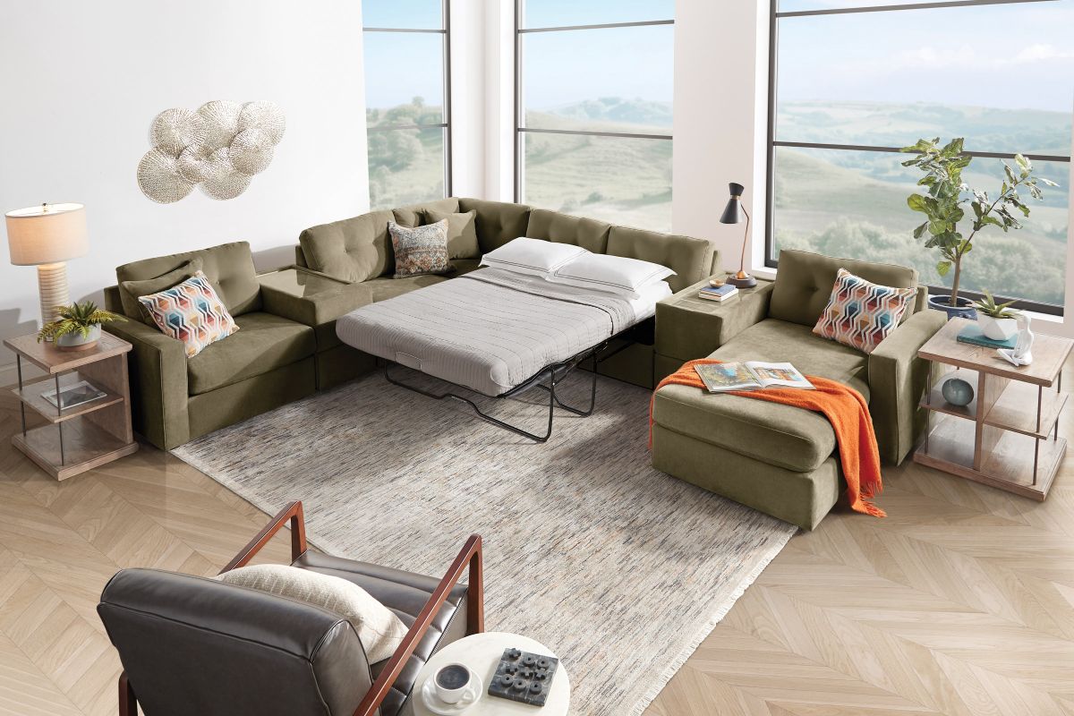 ModularOne Sectional Moss 7-Piece Sectional with Sleeper + E-Console + Right Arm Facing Chaise 6