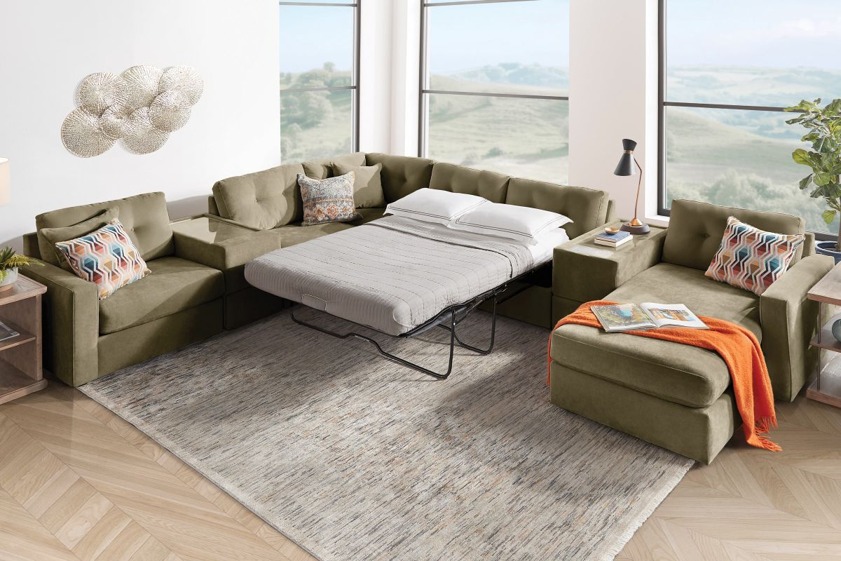 ModularOne Sectional Moss 7-Piece Sectional with Sleeper + E-Console + Right Arm Facing Chaise 7