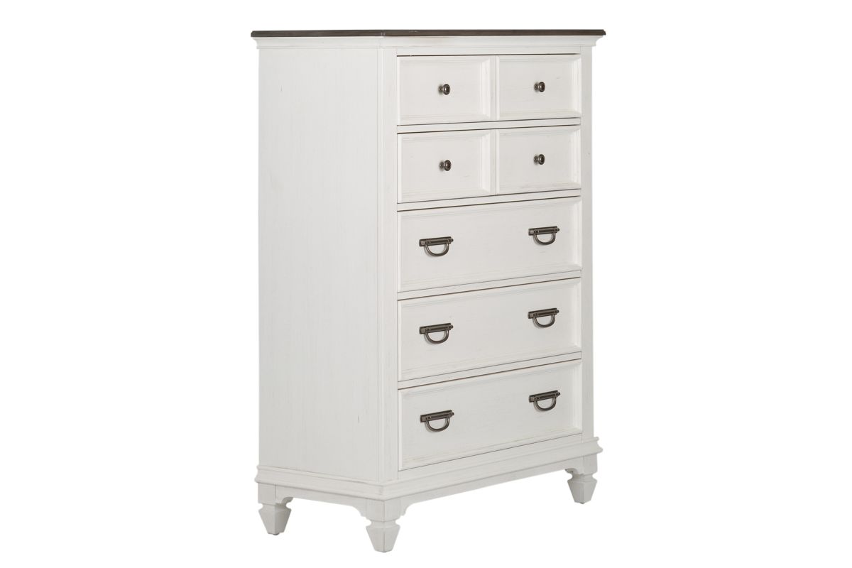 Side view of a white wood chest with 5 drawers