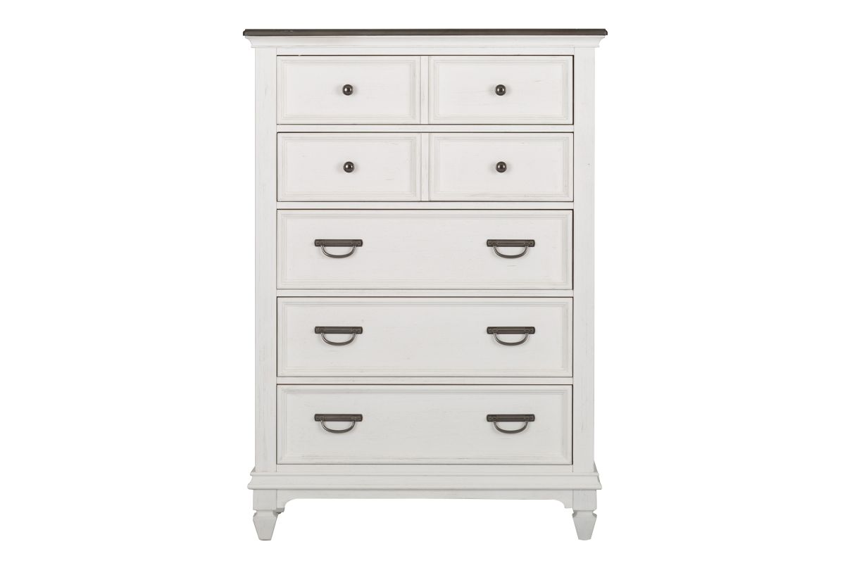 Front view of a white wood chest with 5 drawers