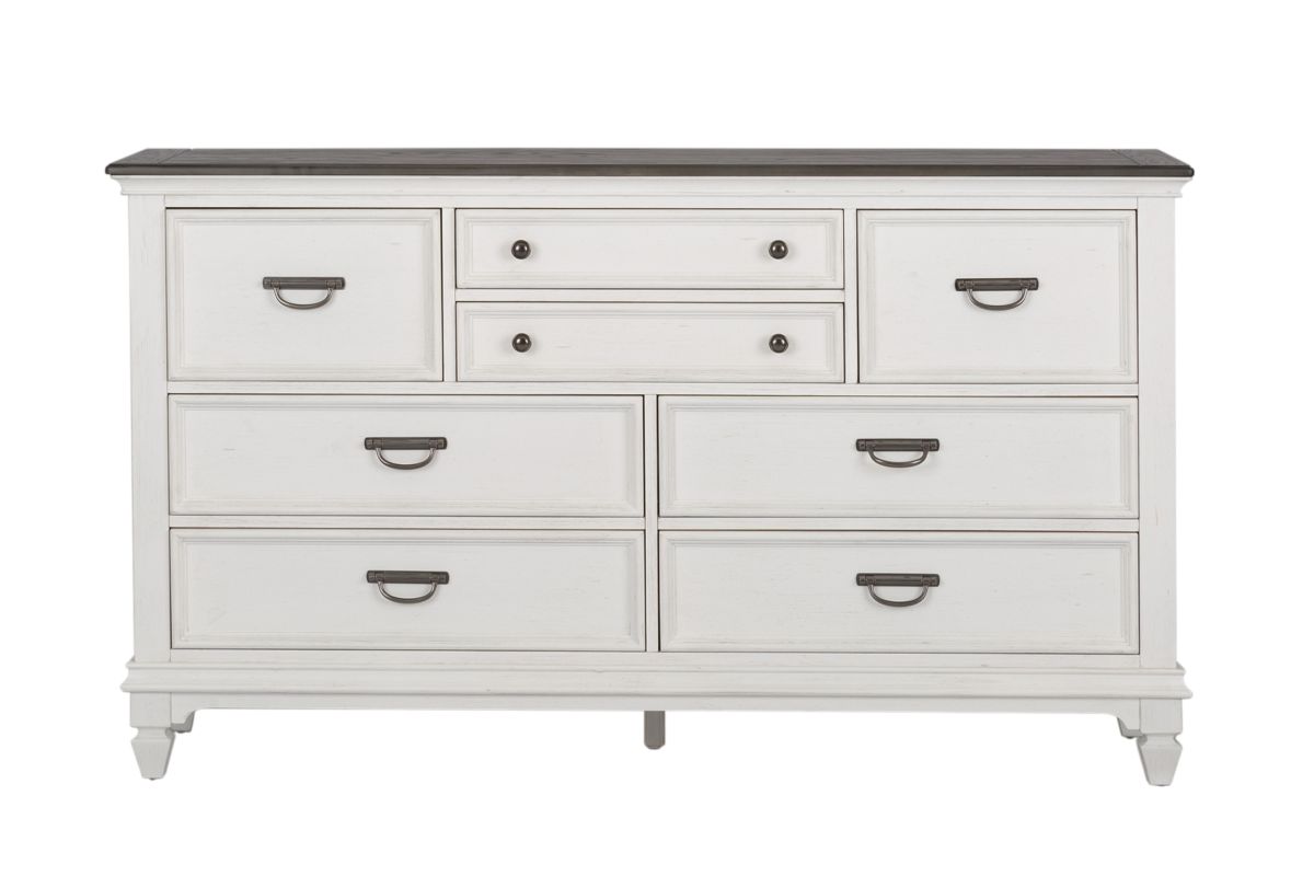 Front view of a white wood dresser with 8 drawers