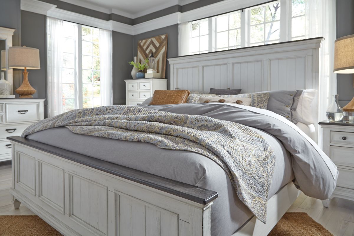 Higgins King Bed with blue grey comforter