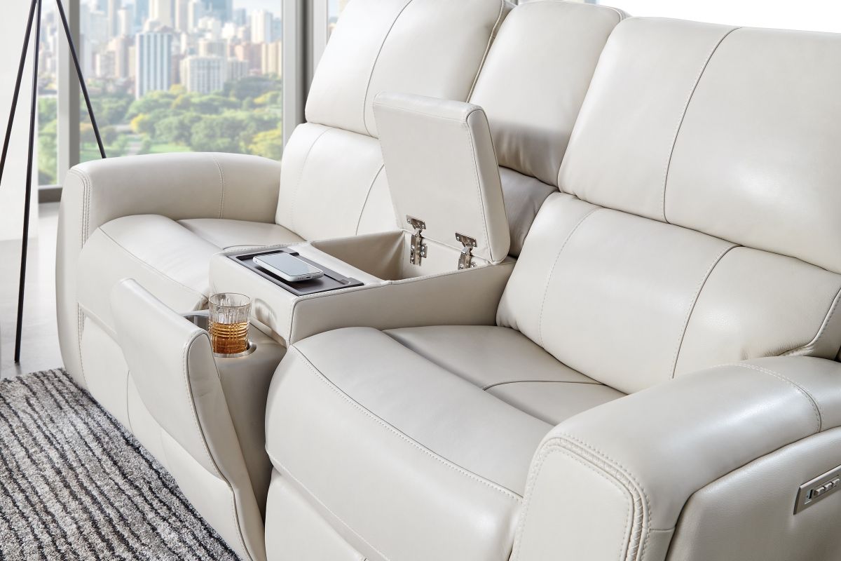 Linton Cream Leather Triple Power Reclining Console Loveseat 16