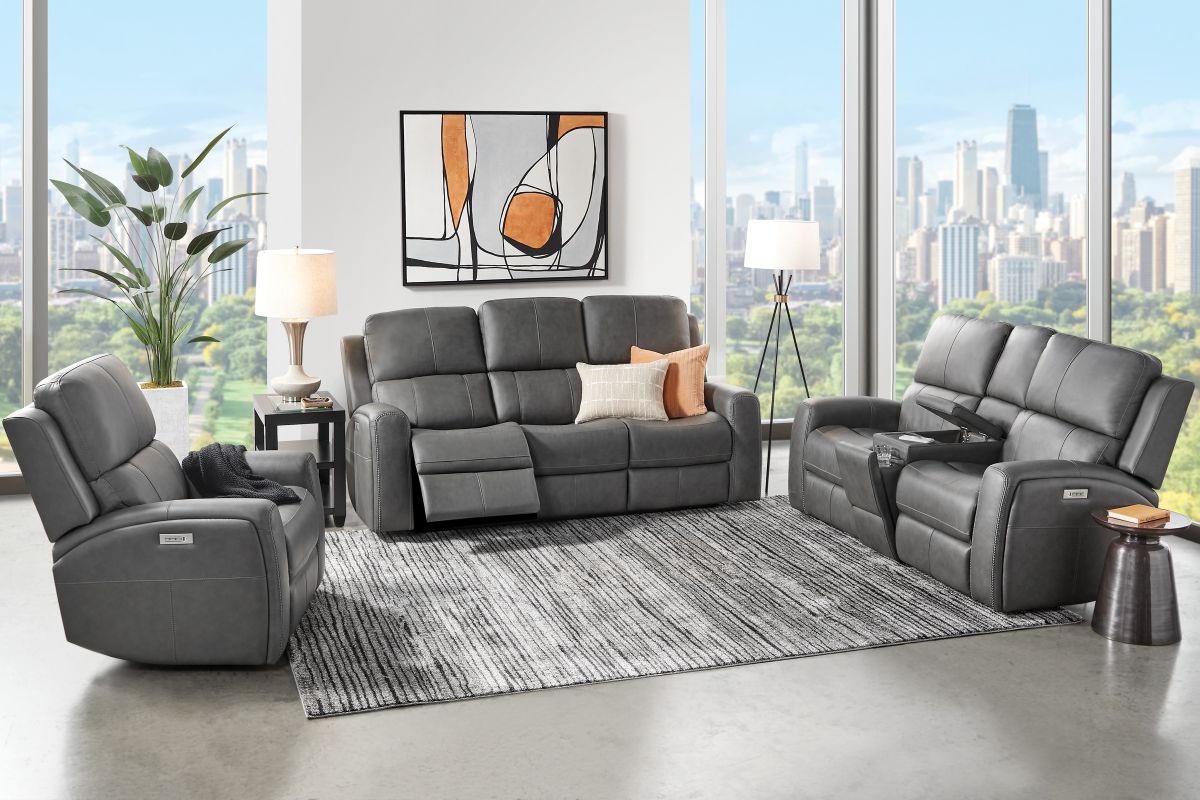 Linton Grey Leather Triple Power Reclining Sofa 15
