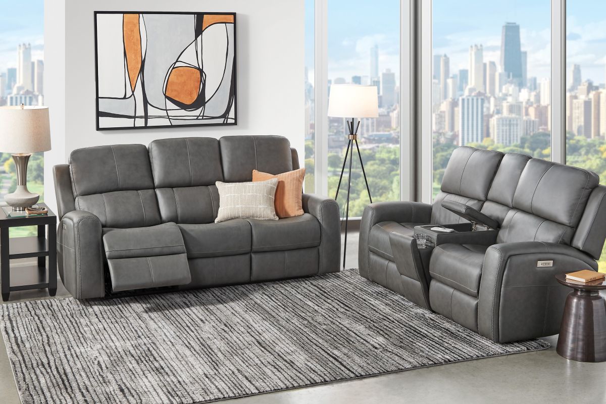 Linton Grey Leather Triple Power Reclining Sofa 16