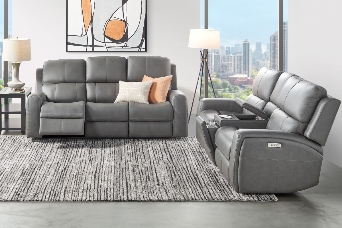 Linton Grey Leather Triple Power Reclining Sofa 20