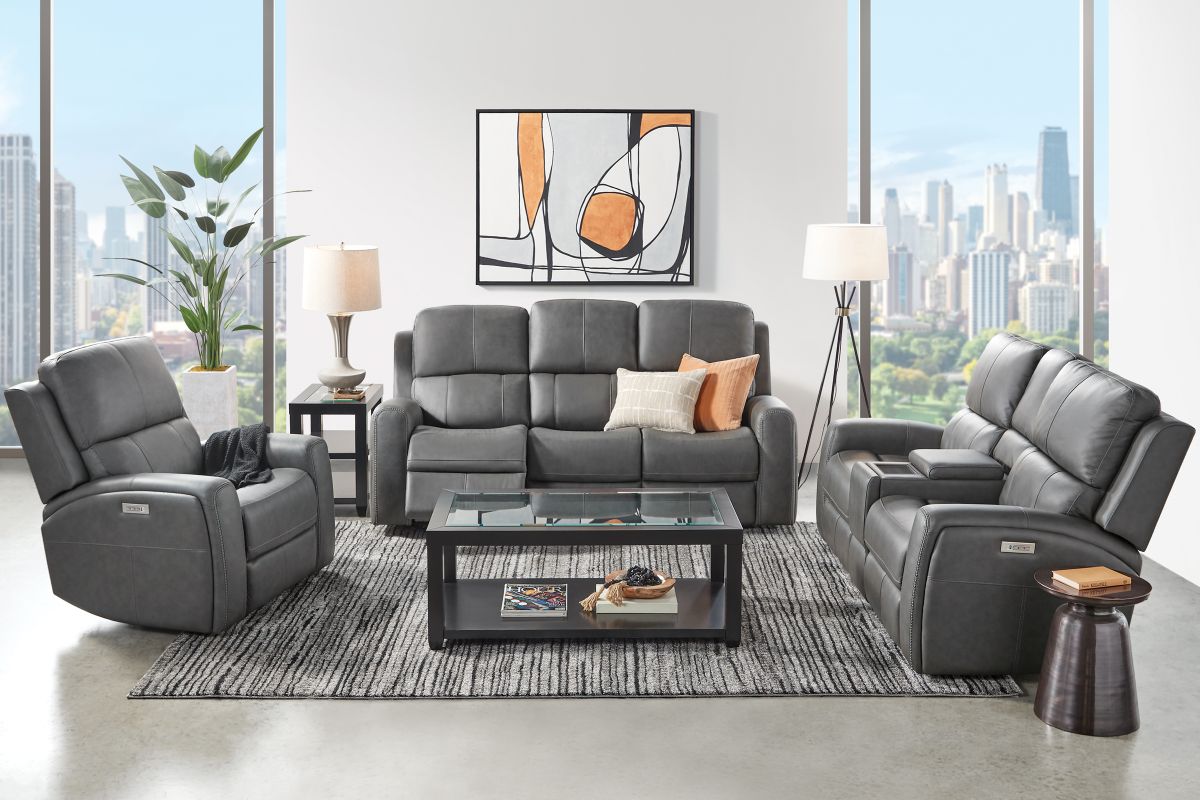 Linton Grey Leather Triple Power Reclining Sofa 18