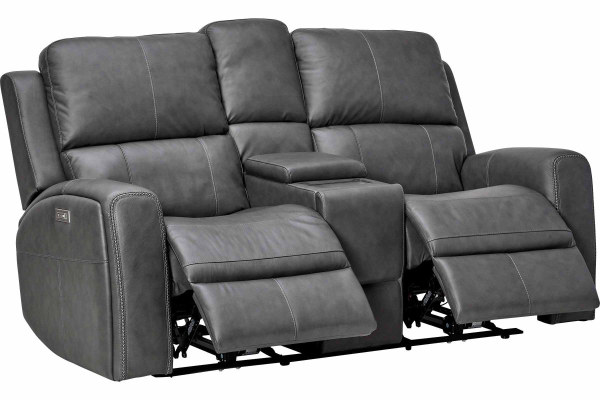 Linton Grey Leather Triple Power Reclining Console Loveseat 4