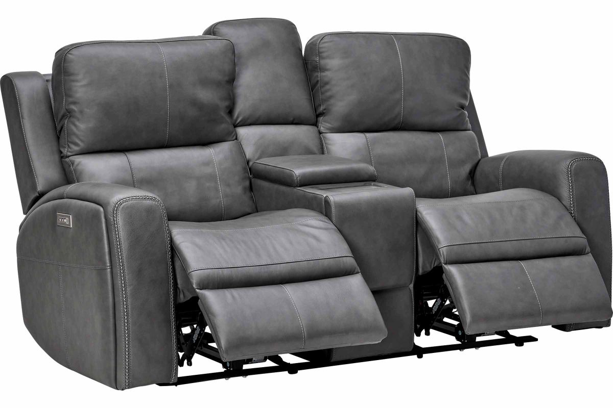 Linton Grey Leather Triple Power Reclining Console Loveseat 6