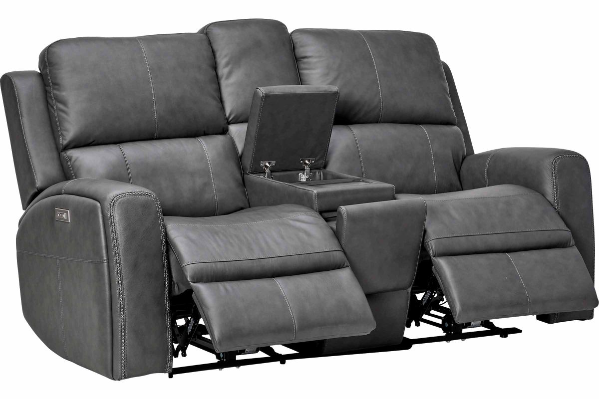 Linton Grey Leather Triple Power Reclining Console Loveseat 5