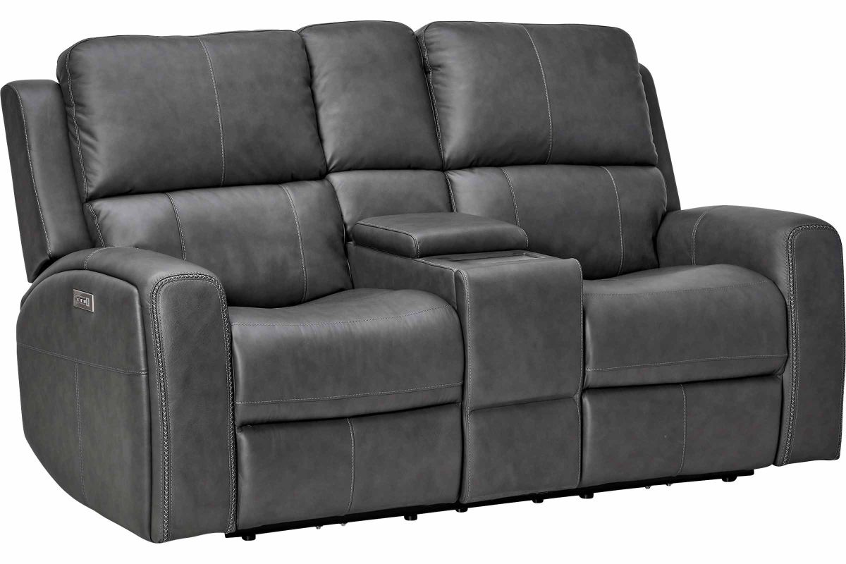 Linton Grey Leather Triple Power Reclining Console Loveseat 3