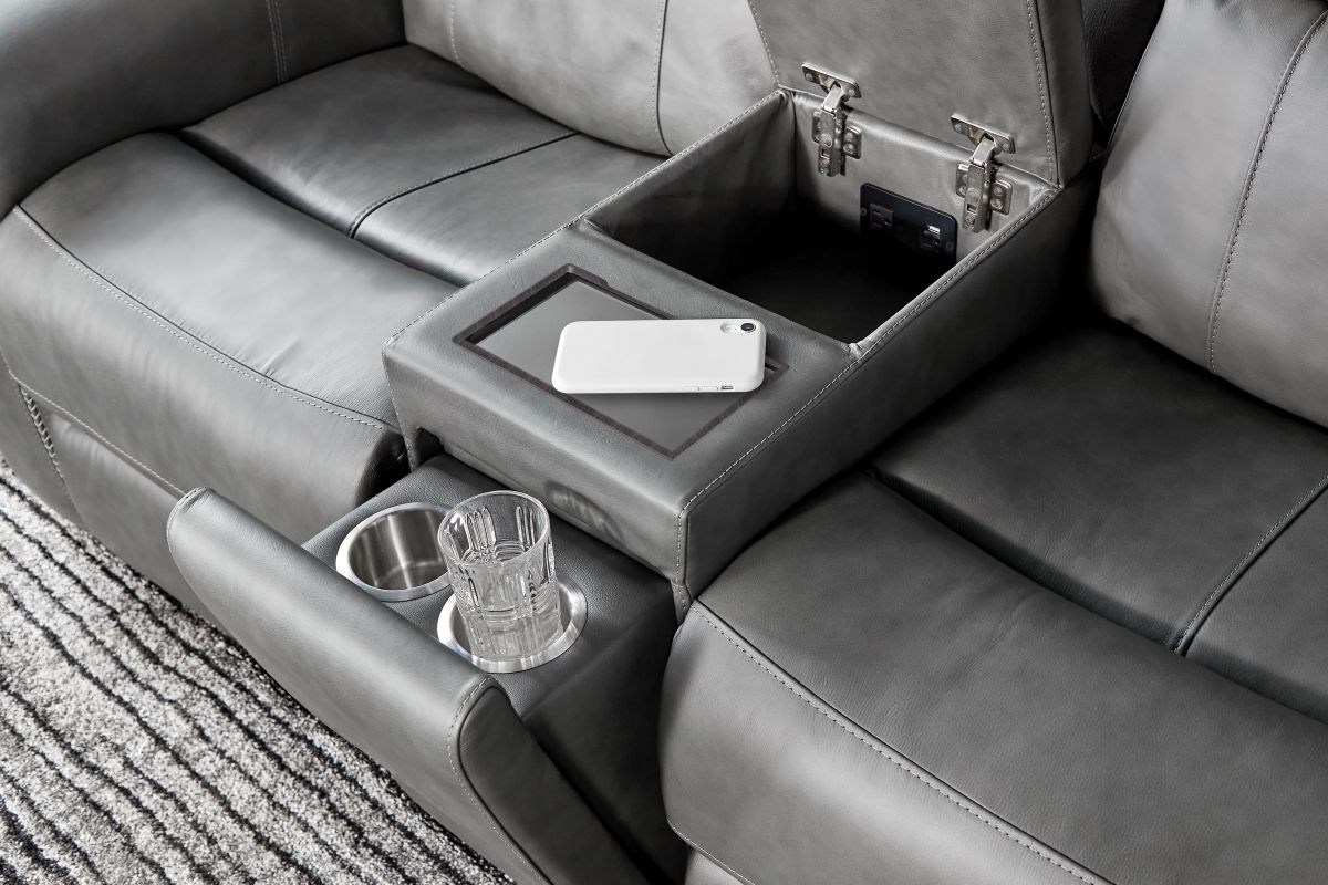 Linton Grey Leather Triple Power Reclining Console Loveseat 19